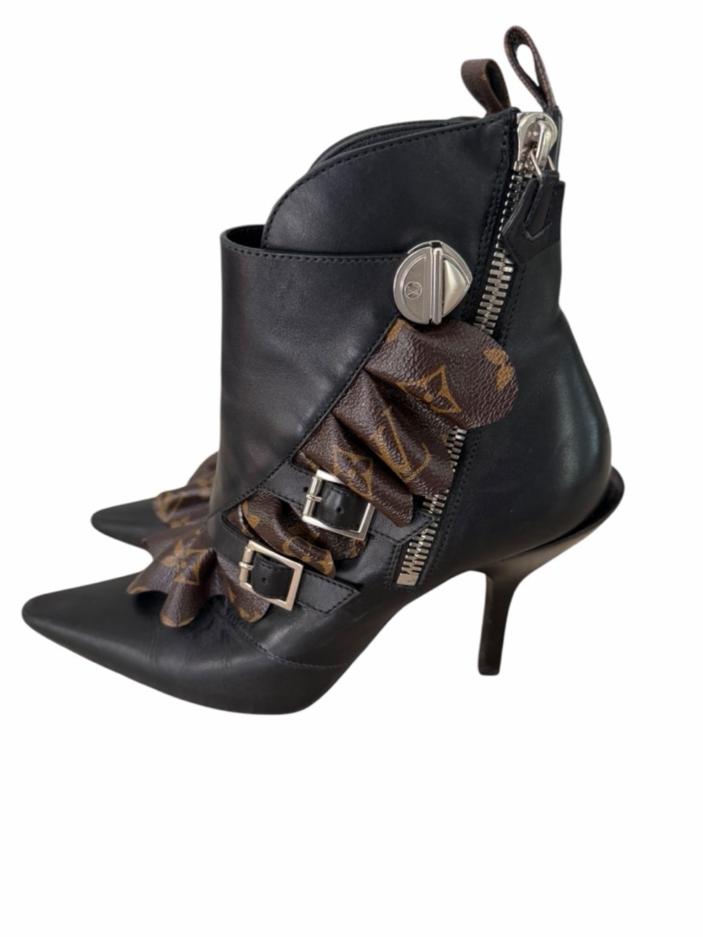 Louis Vuitton Black Leather Pointed Monogram Ruffle Ankle Boots Size 39